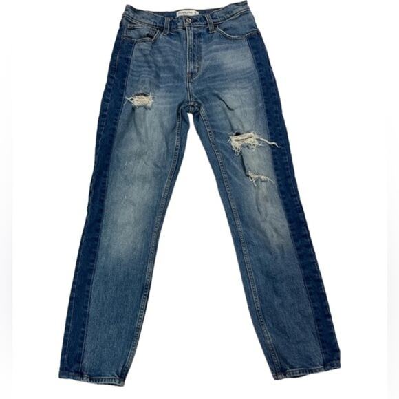 Abercrombie & Fitch The Mom High Rise Denim Two Tone Distressed Jeans Size 27 - Picture 1 of 9